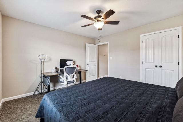 carpeted bedroom with ceiling fan and a closet