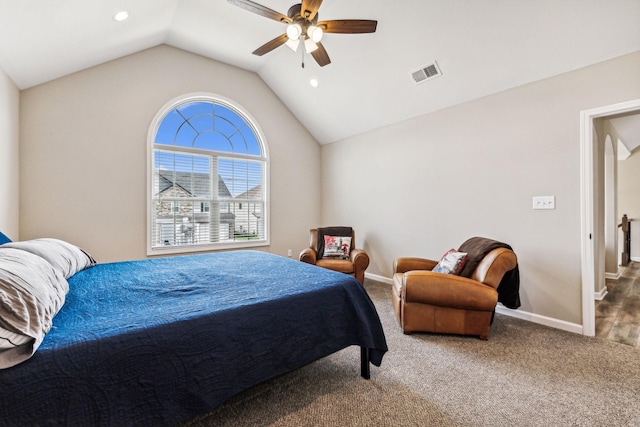 bedroom featuring carpet, ceiling fan, and lofted ceiling