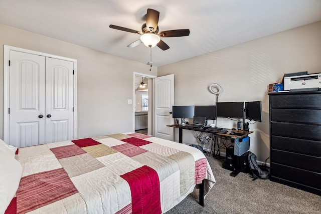 carpeted bedroom featuring ceiling fan and a closet