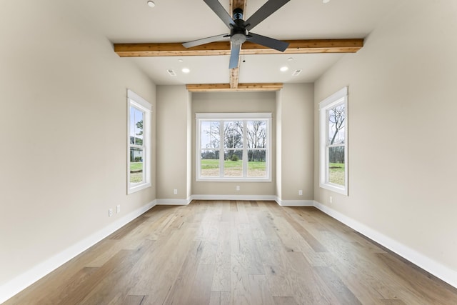 unfurnished room with beam ceiling, light hardwood / wood-style flooring, and ceiling fan