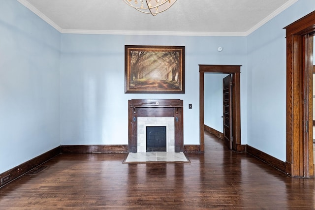 unfurnished living room with dark hardwood / wood-style flooring, crown molding, and a chandelier