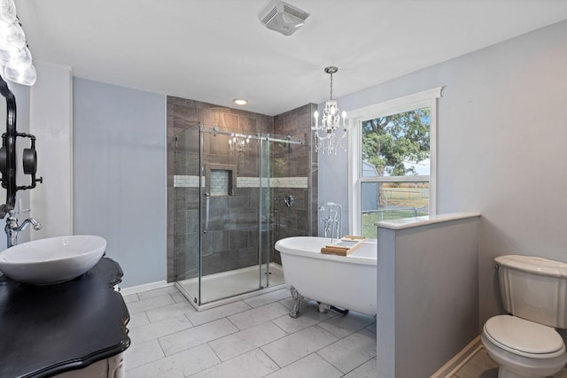 full bathroom featuring sink, plus walk in shower, tile patterned flooring, a notable chandelier, and toilet