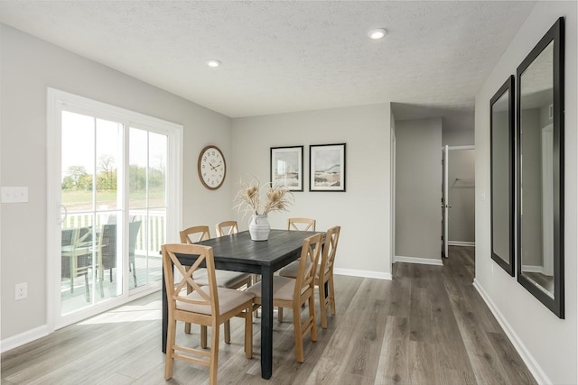 dining space with hardwood / wood-style flooring and a textured ceiling