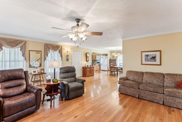 living room featuring wood-type flooring, a textured ceiling, ceiling fan, and a healthy amount of sunlight