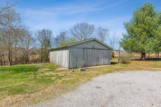 view of outbuilding featuring a yard