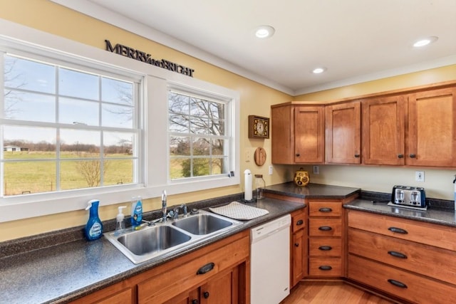 kitchen featuring dishwasher, light wood-type flooring, sink, and ornamental molding