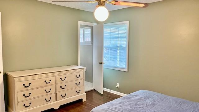 bedroom with multiple windows, ceiling fan, and dark wood-type flooring