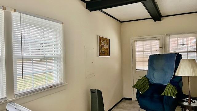 sitting room with beamed ceiling and plenty of natural light