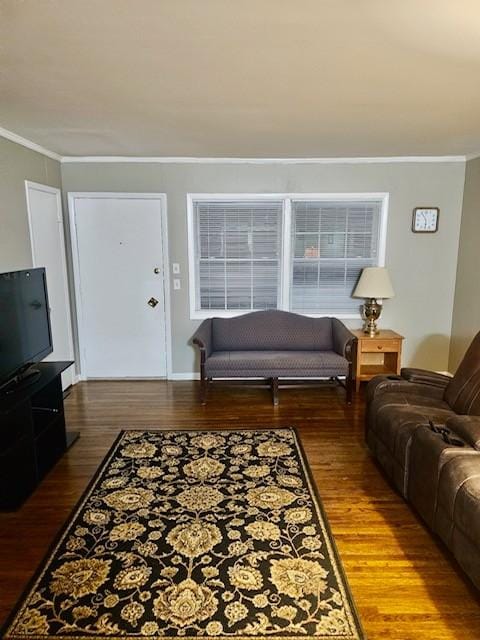 living room featuring wood-type flooring and ornamental molding