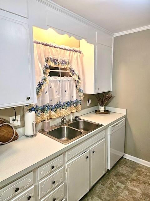 kitchen with white dishwasher, white cabinetry, ornamental molding, and sink