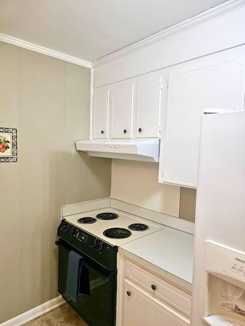 kitchen featuring white appliances, white cabinetry, and ornamental molding