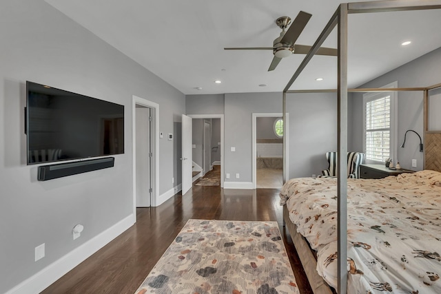 bedroom with ceiling fan and dark wood-type flooring