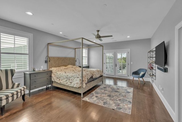 bedroom with ceiling fan, dark wood-type flooring, access to outside, and french doors