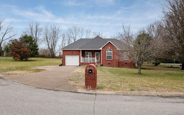 ranch-style house featuring a garage, a front lawn, and covered porch