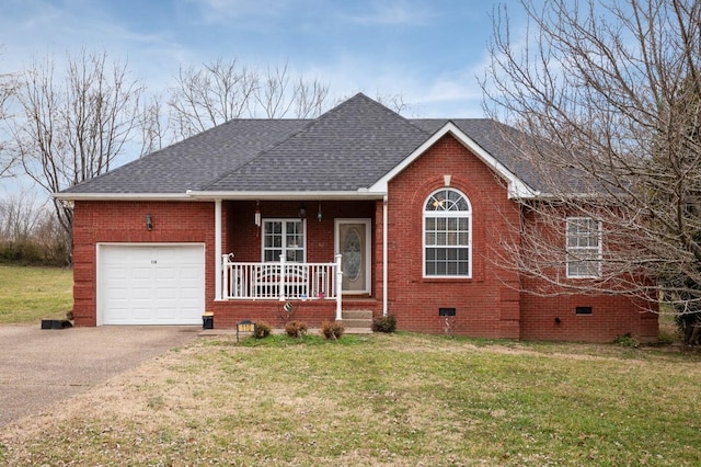 single story home featuring a porch, a garage, and a front lawn