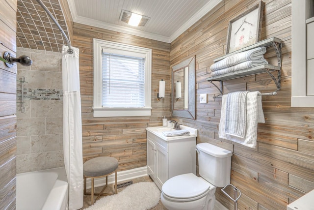 full bathroom with crown molding, shower / tub combo, wooden walls, vanity, and toilet