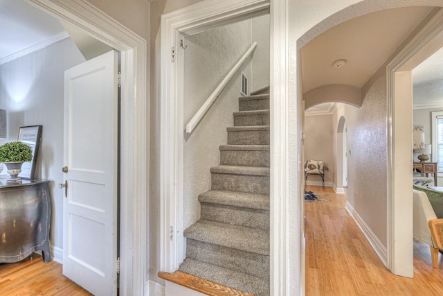 stairway with crown molding and hardwood / wood-style floors