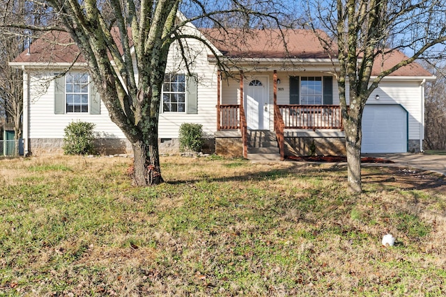 ranch-style home with a garage and covered porch