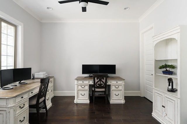 home office with ornamental molding and dark wood-type flooring