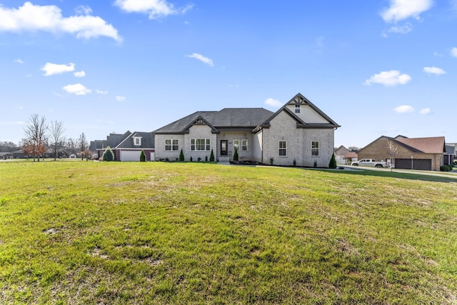 french provincial home with a front lawn