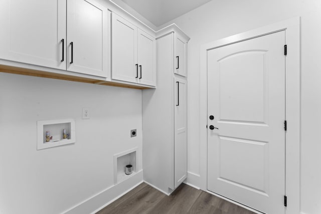 clothes washing area with dark hardwood / wood-style flooring, hookup for a washing machine, cabinets, and hookup for an electric dryer