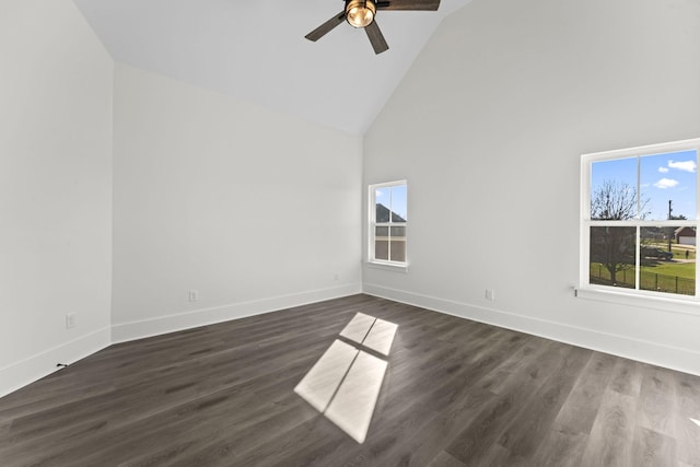 empty room with ceiling fan, high vaulted ceiling, and dark wood-type flooring