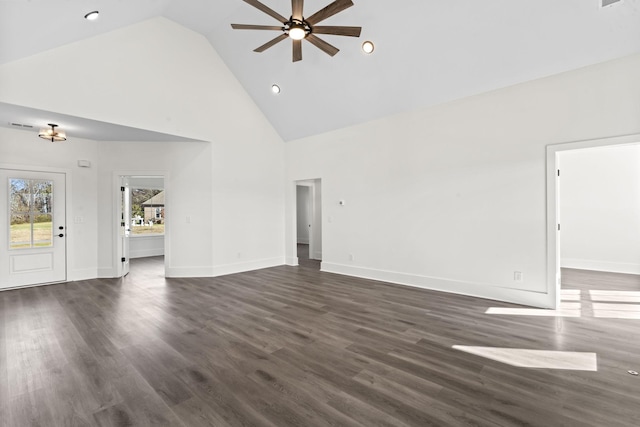 unfurnished living room featuring high vaulted ceiling, ceiling fan, and dark wood-type flooring