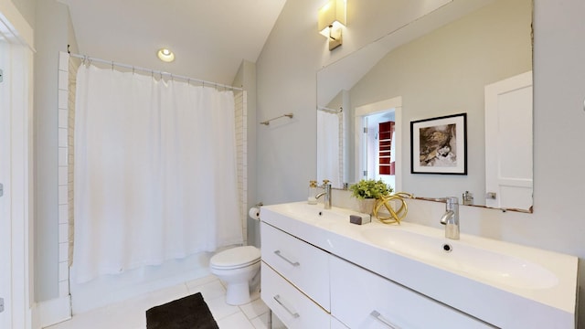 full bathroom featuring tile patterned floors, shower / bath combination with curtain, toilet, and vanity