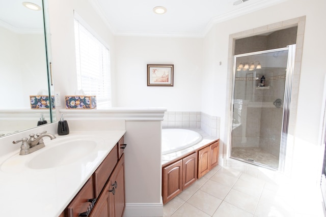 bathroom featuring vanity, tile patterned flooring, plus walk in shower, and ornamental molding