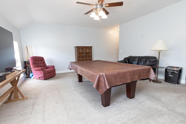 recreation room with light carpet, ceiling fan, lofted ceiling, and billiards