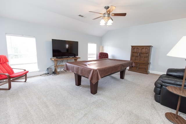 game room featuring a wealth of natural light, lofted ceiling, light carpet, and pool table