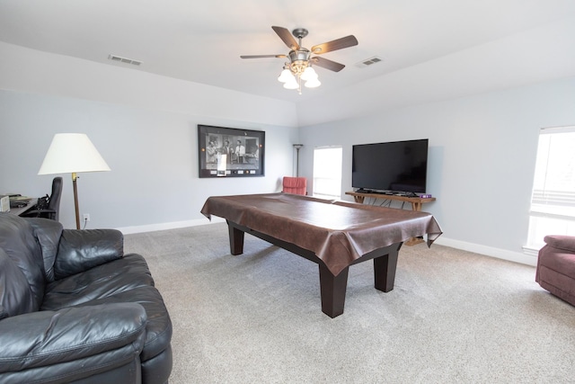 rec room featuring ceiling fan, light carpet, and pool table