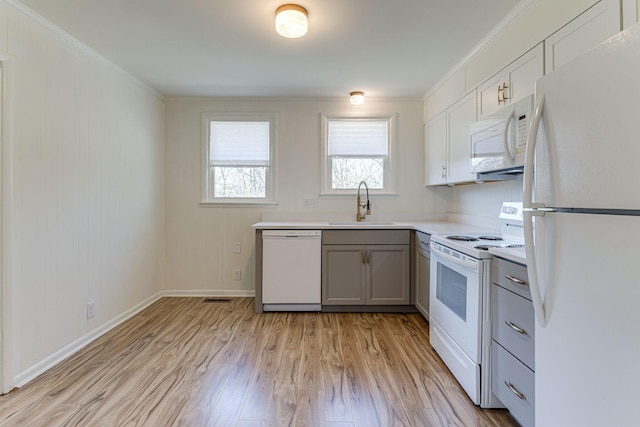 kitchen featuring ornamental molding, gray cabinetry, white appliances, sink, and light hardwood / wood-style floors