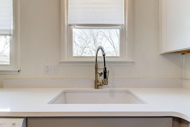 interior details featuring white cabinets, dishwashing machine, and sink