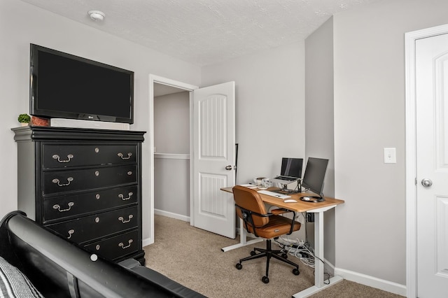 office space with a textured ceiling and light carpet