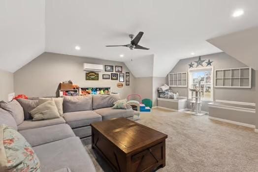 carpeted living room with ceiling fan, an AC wall unit, and lofted ceiling