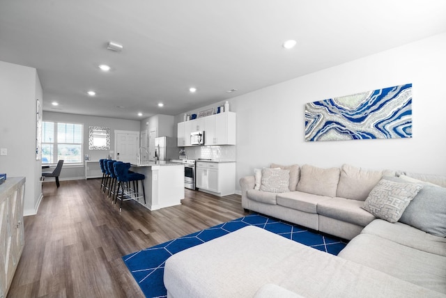 living room featuring dark hardwood / wood-style flooring and sink