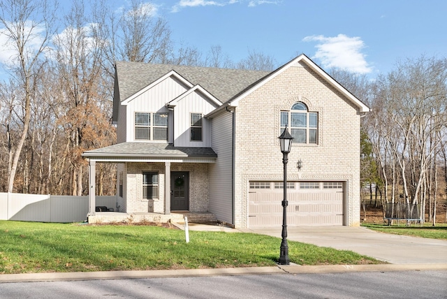 view of front facade featuring a porch, a garage, a trampoline, and a front lawn