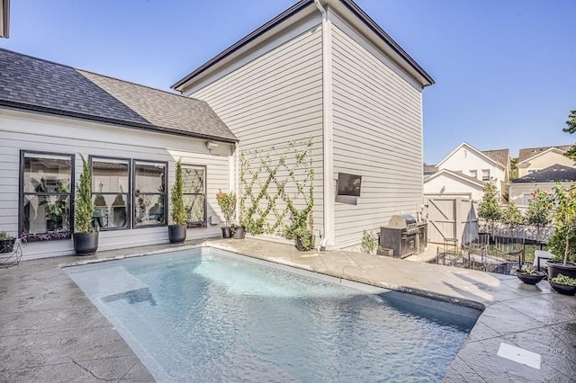 view of swimming pool with area for grilling and a patio