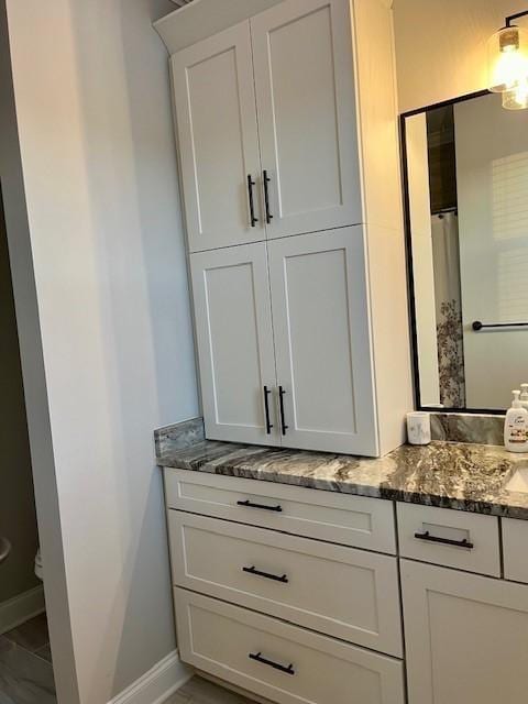 bathroom with a shower with shower curtain and vanity