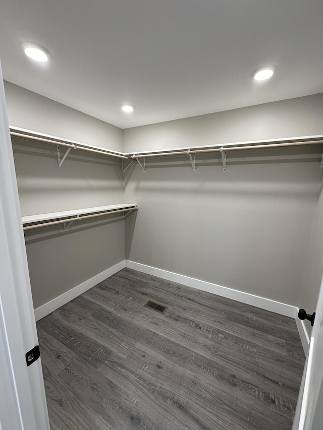 spacious closet with dark wood-type flooring