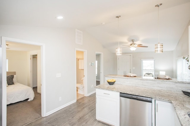 kitchen featuring dishwasher, white cabinets, hanging light fixtures, ceiling fan, and light stone counters