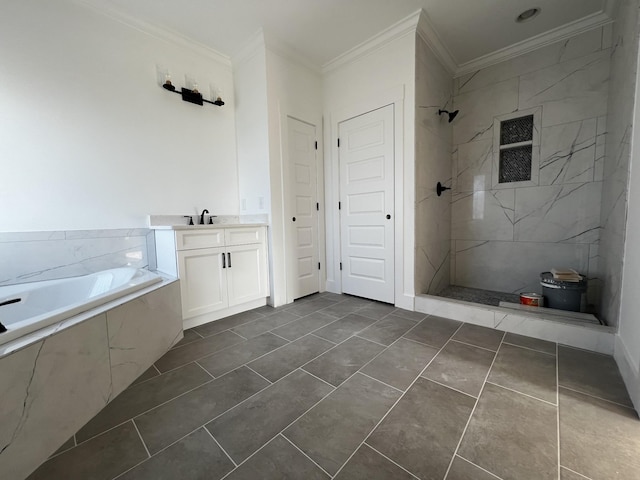 bathroom featuring tile patterned floors, vanity, crown molding, and plus walk in shower