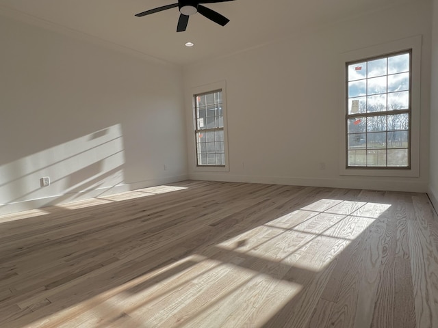 spare room featuring light wood-type flooring, ceiling fan, and crown molding