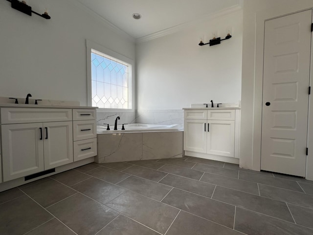 bathroom featuring vanity, tiled bath, tile patterned floors, and crown molding