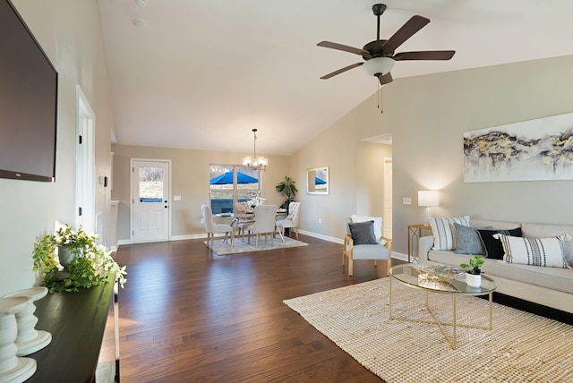 living room with dark hardwood / wood-style flooring, ceiling fan with notable chandelier, and vaulted ceiling