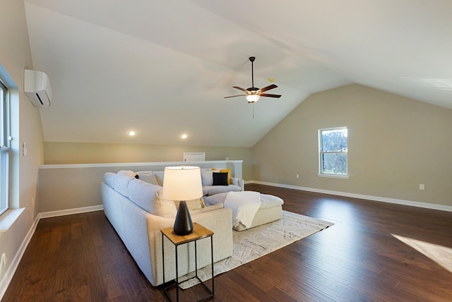 living room with a wall mounted AC, ceiling fan, dark hardwood / wood-style floors, and lofted ceiling