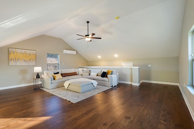 living room with dark hardwood / wood-style floors, ceiling fan, an AC wall unit, and lofted ceiling