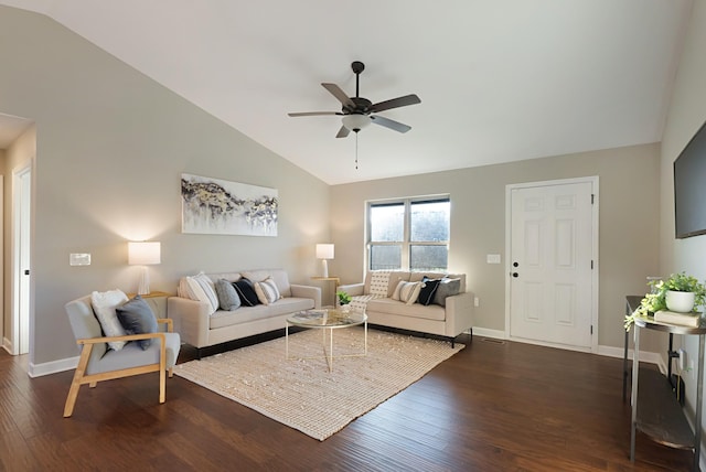 living room with dark hardwood / wood-style floors, ceiling fan, and lofted ceiling