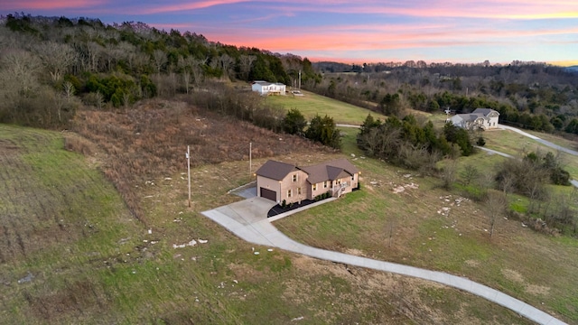 view of aerial view at dusk